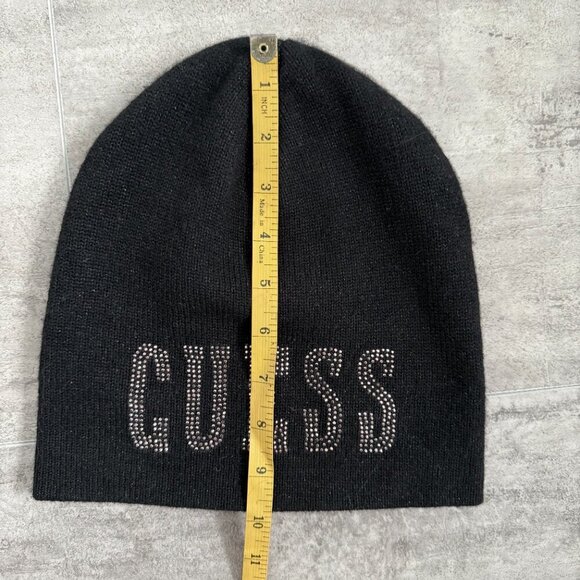 GUESS Womens Rhinestone Graphic Beanie Hat M/L Black Wool - Picture 8 of 8